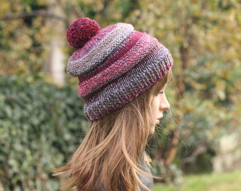 HAT knitted burgundy, purple, grey, brown, red, chunky winter bobble hat, women's beanie cap, gift, UK