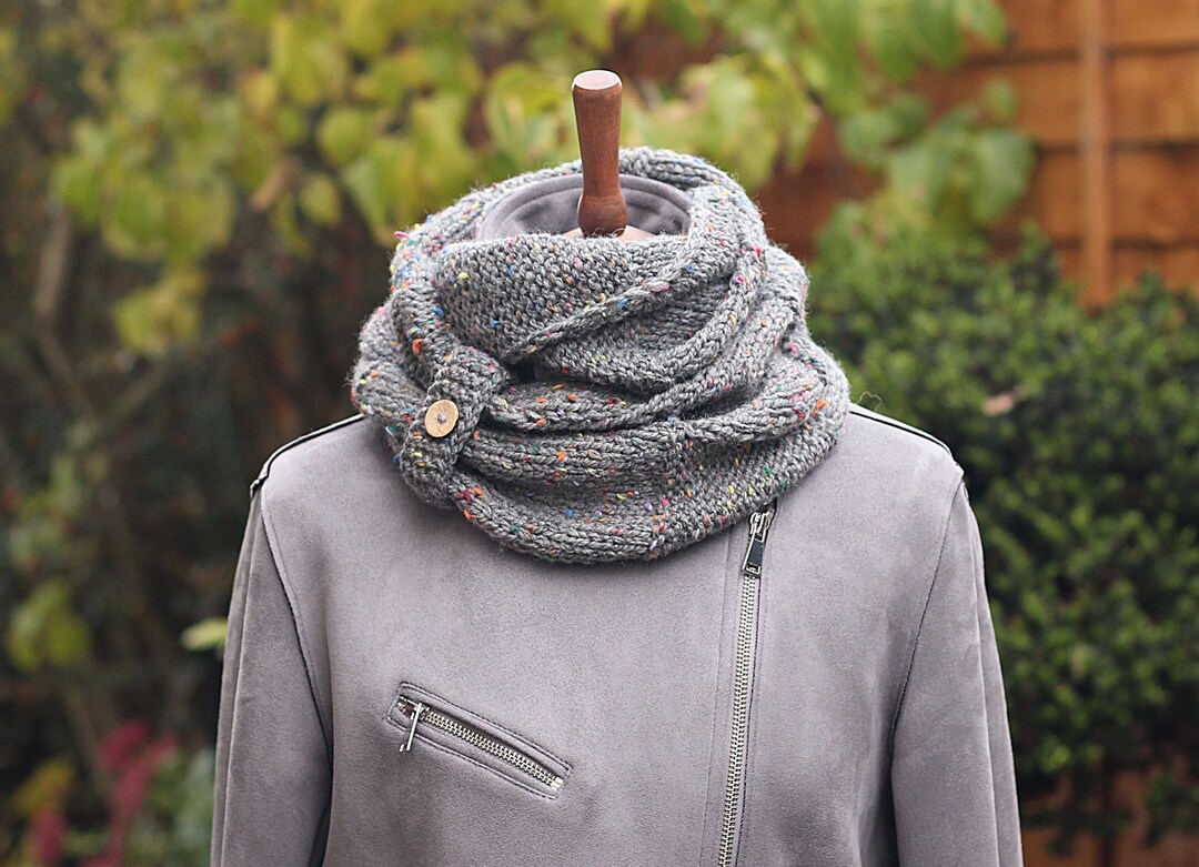 Infinity Design Tweed Handknit Chunky Tweed Infinity Scarf With Button - Etsy
