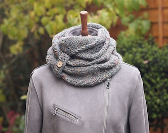 SCARF, knitted infinity loop scarf, chunky grey tweed with multicolor speckles women's button snood, cowl, gift for her