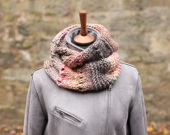 SCARF, knitted super chunky infinity loop scarf, pink grey cream mix women's snood, cowl, gift for her