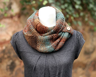 SCARF, knitted infinity loop scarf, chunky brown teal button snood, cowl, gift for her
