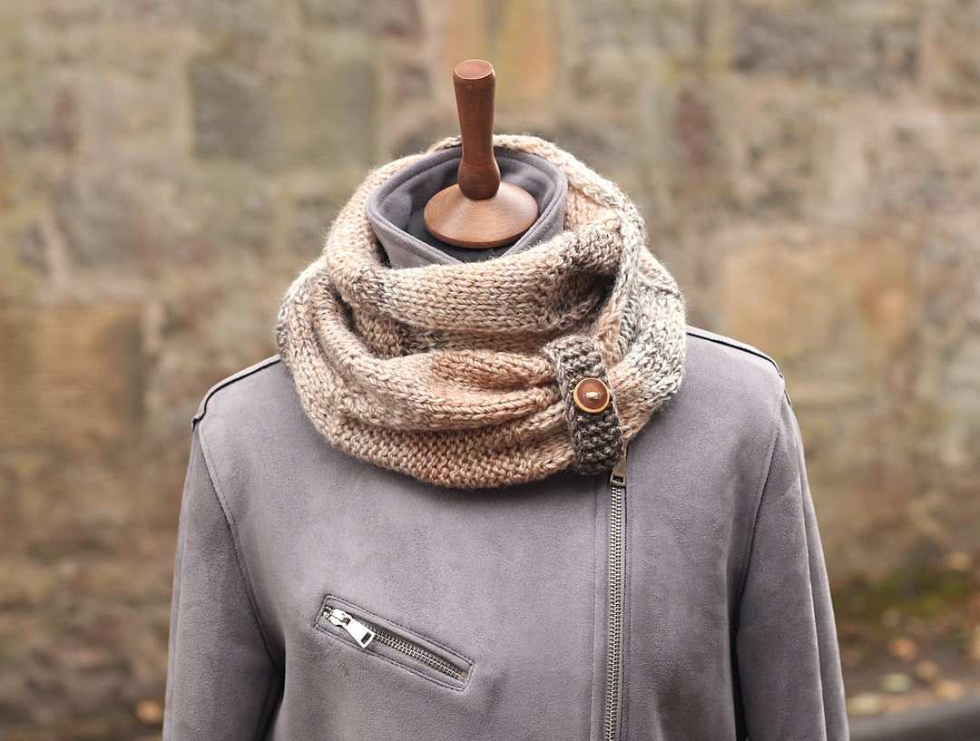 Hand Knit Chunky Infinity Scarf, Beige Brown Button Cowl - Etsy