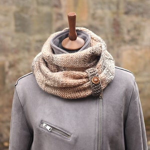 SCARF, knitted infinity loop scarf, chunky beige brown cream womens button snood, cowl, gift for her