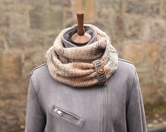 SCARF, knitted infinity loop scarf, chunky beige brown cream womens button snood, cowl, gift for her