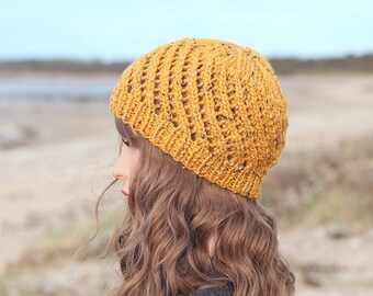 HAT knitted mustard tweed wool, winter hat, women's lace mesh beanie, gift for her, UK