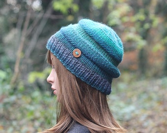 HAT knitted green with blue and grey, winter hat, women's chunky beanie cap, gift, UK