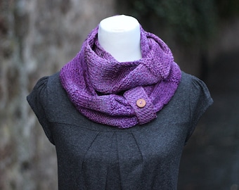 SCARF, knitted infinity loop scarf, chunky purple button snood, cowl, gift for her