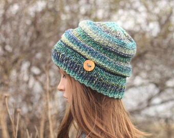 HAT knitted blue green mix, chunky autumn winter hat, women's beanie cap, gift, UK