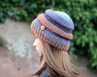 HAT knitted multicolor with purple, autumn, winter hat, women's beanie cap, gift, UK