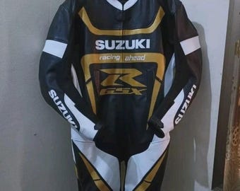 Suzuki GSXR Racing Motorbike Cowhide Leather Suit CE Approved Armor New Suzuki Men's Motorcycle Biker Suit - Riding Gear