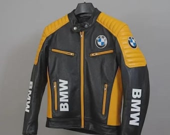 May include: Black and yellow leather motorcycle jacket with the BMW logo on the chest and shoulder. The jacket has a zip-up front, two zip pockets, and the word "BMW" printed on the sleeves.