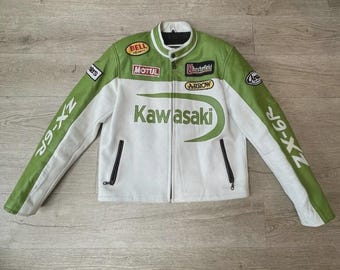 Kawasaki Racing Motorbike Cowhide Leather Jacket Vintage New Kawasaki Motorcycle Biker Jacket