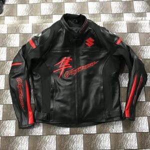 Suzuki Hayabusa Racing Motorbike Cowhide Leather Jacket New Suzuki Black & Red Motorcycle Biker Jacket