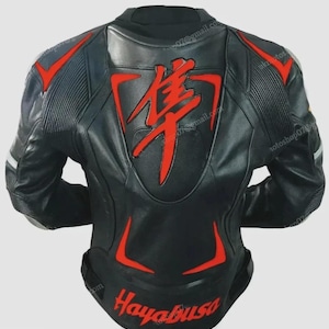 Suzuki Hayabusa Racing Motorbike Cowhide Leather Jacket CE Armor New Suzuki Black & Red Motorcycle Biker Jacket - Riding Gear