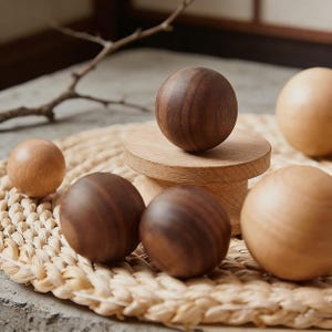 May include: A collection of wooden spheres in various shades of brown and tan. Some spheres are a dark walnut color, while others are a lighter, natural wood tone. The spheres are arranged on a woven mat and a small wooden pedestal.