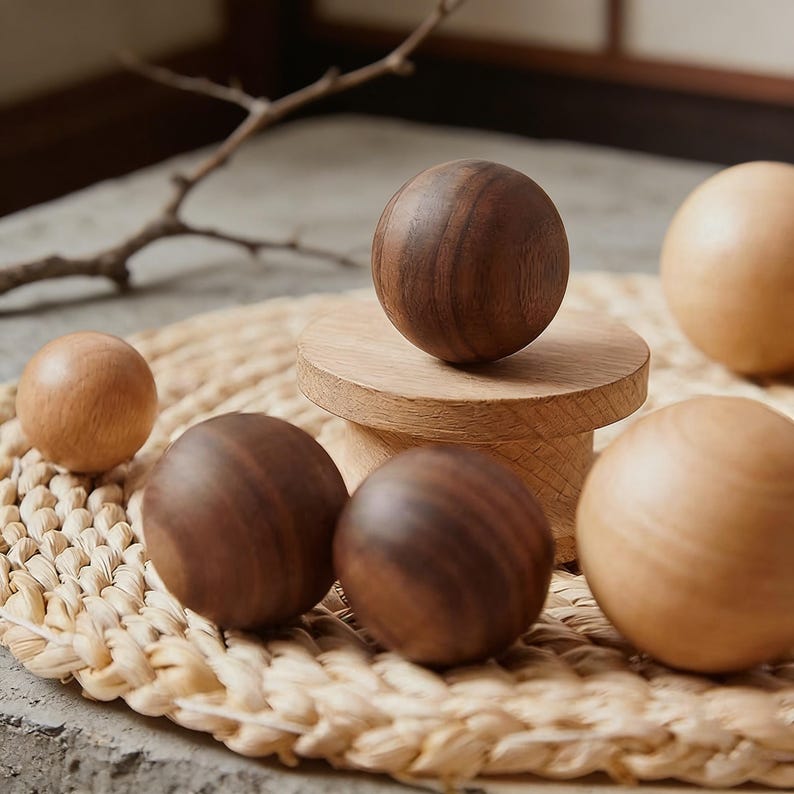 Pu&ograve; includere: Una collezione di sfere di legno in varie tonalit&agrave; di marrone e beige. Alcune sfere sono di colore noce scuro, mentre altre hanno una tonalit&agrave; di legno pi&ugrave; chiara e naturale. Le sfere sono disposte su un tappetino intrecciato e un piccolo piedistallo di legno.