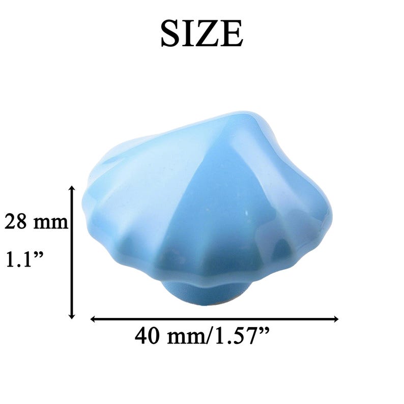K&ouml;nnte beinhalten: Ein hellblaues Keramik-Muschel-Schrankknauf. Der Knauf misst 28 mm hoch und 40 mm breit. Das Wort "SIZE" ist oben im Bild aufgedruckt.