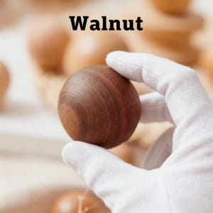 Pu&ograve; includere: Una sfera di noce marrone scuro &egrave; tenuta in una mano guantata. La parola "Walnut" &egrave; stampata in nero sopra la sfera. La sfera ha una superficie liscia e lucida. &Egrave; probabilmente un oggetto decorativo o artigianale.