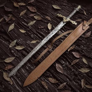 Handgemachtes Damaskus Templar Schwert: Mittelalter Replik mit Lederscheide