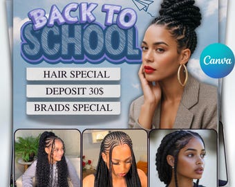 Back To School Booking Flyer, Back to school sale flyer, Back to school hair flyer, Braid Flyer, MUA Nails Lash Braids Hair, Canva Editable