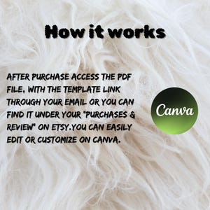 May include: A white fluffy background with the text "How it works." Instructions are given on accessing a PDF file after purchase, with a template link via email or Etsy purchases. A green and black Canva logo is also present.