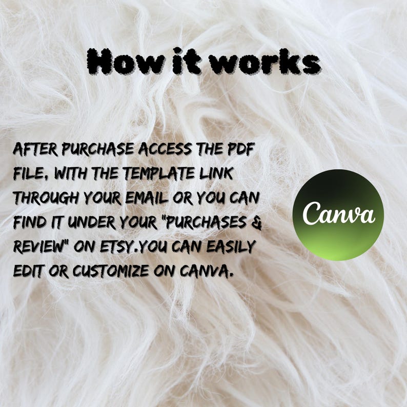 May include: A white fluffy background with the text "How it works." Instructions are given on accessing a PDF file after purchase, with a template link via email or Etsy purchases. A green and black Canva logo is also present.