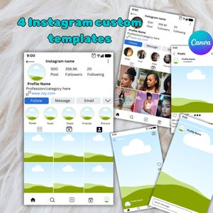 May include: Four Instagram custom templates are shown, featuring profile layouts with a light blue and green colour scheme. The templates include profile names, follower counts, and post sections, with the Canva logo visible.