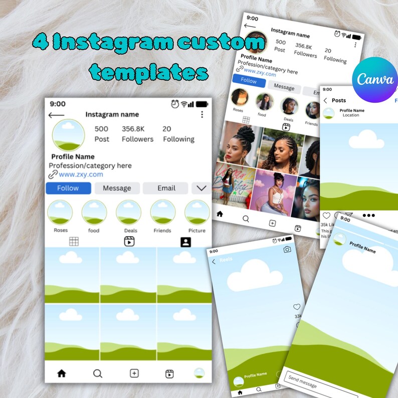 May include: Four Instagram custom templates are shown, featuring profile layouts with a light blue and green colour scheme. The templates include profile names, follower counts, and post sections, with the Canva logo visible.