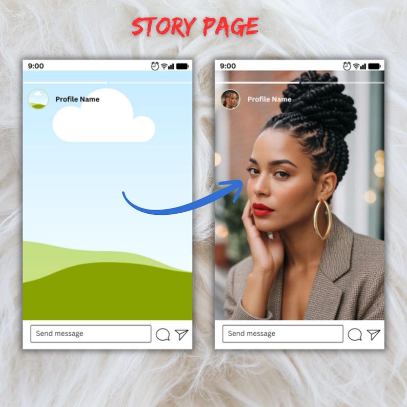 May include: A social media story page concept is shown. The left side has a landscape illustration, and the right side features a woman with red lipstick and gold hoop earrings. The text "STORY PAGE" is at the top of the image.