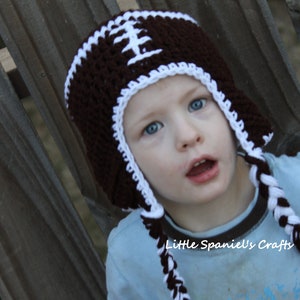 Football Ear flap Beanie, team, sport, brown, white, crochet, hat, photo prop, boy, girl, baby, toddler, child, adult, teenager, newborn
