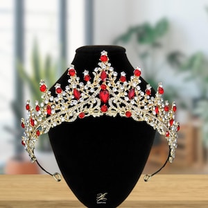 Perfect Bridal Quinceanera Red Rhinestone Gold Crown | Princess Bridal Wedding Red Tiara | Pageant Red Crystal Tiara | Gift For Her