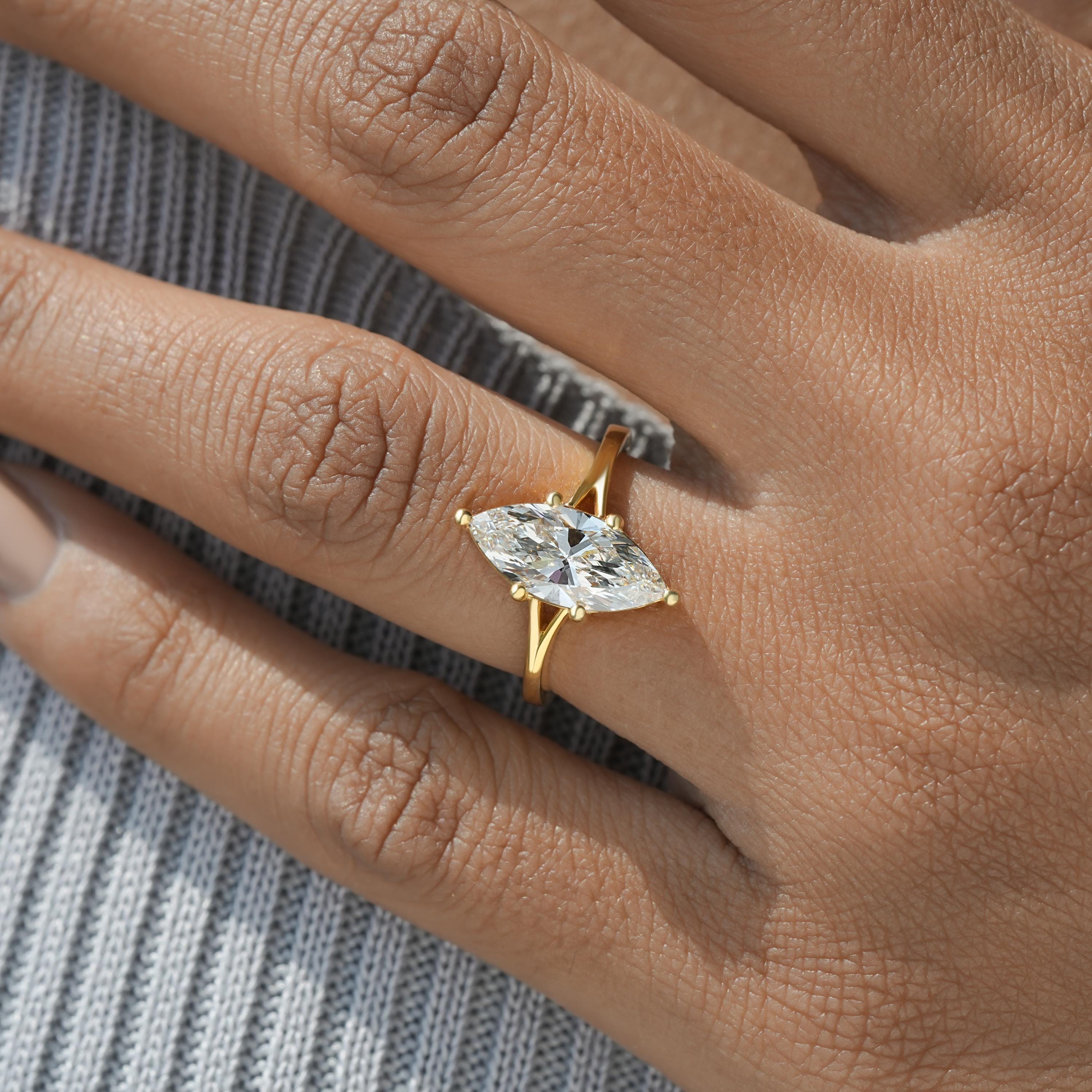 Marquise Cut Lab Diamond Engagement Ring - 14K Solid Gold Diamond ...