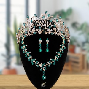 Green Unique Trendy Bridal Gold Crown Set, Green Rhinestone Princess Bride Tiara Set | Gothic Quinceanera Crown | Bridal Jewelry Set