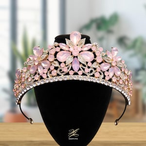 Luxury Bridal Pink Crystal Quinceanera Tiara, Floral Wedding Crown, Pageant Women Crown, Gift Her, Bridal Hair Ornament, Classic Tiaras