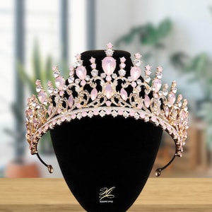 Pink Crystal Bridal Wedding Crown | Quinceanera Pink Gold Tiara | Pageant Women Pink Tiara | Bridal Hair Jewelry | Gift Her | Floral Tiaras