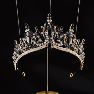 Black Bridal Wedding Gold Crown, Elegant Halloween Bridal Tiara, party Wear Crown, Vintage Bridal Tiara Hair Jewelry, Floral Bride Crowns