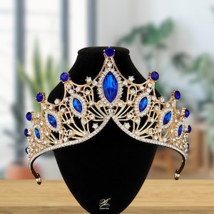 Blue Sapphire Crystal Gold Crown | Wedding Bridal Blue Tiara | Elegant Princess Green Rhinestone Crown | Quinceanera Crown | Floral Tiaras