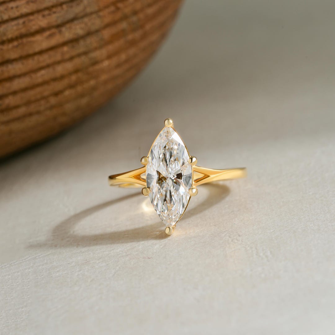 Marquise Cut Lab Diamond Engagement Ring - 14K Solid Gold Diamond ...