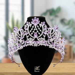Bridal Purple Bridal Crown - Elegant Princess Purple Rhinestone Silver Tiara - Geometric Handmade Big Tiaras - Quinceanera Crown Headpiece