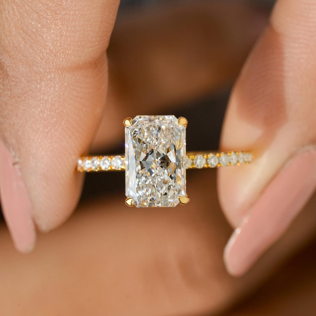 Radiant Cut Lab Diamond Engagement Ring - 14K Solid Gold Promise ...