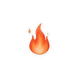 May include: A sticker featuring a stylized flame in shades of orange and red, with a small droplet of fire to the left. The flame has a white border, and the background is plain white.