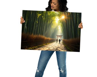 Póster Senda Zen de Bambú – Naturaleza japonesa | Fotografía artística | Amanecer y puerta Torii