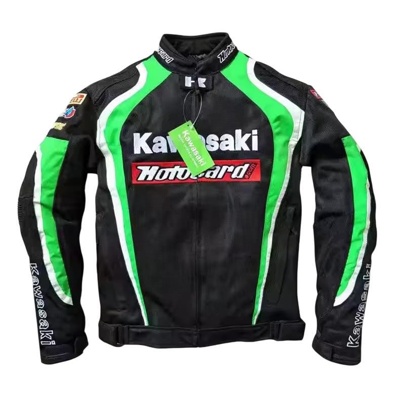 New Customised Kawasaki Motorbike Riding Jacket Lightweight Mesh Fabric Biker Jacket Kawasaki Motorcycle Racing Jacket CE Approved Armours