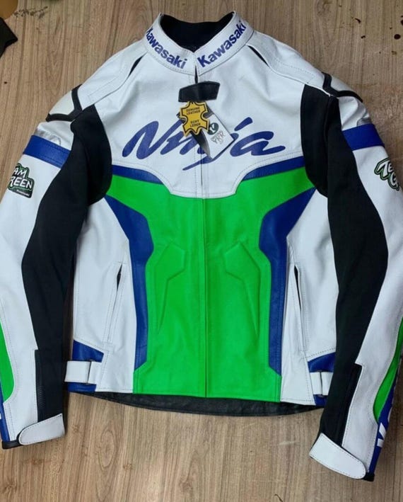 ジャケット・アウター CLASSIC DERBY JACKET BLACK/TEAL/WHITE L Men's New Customised Kawasaki Ninja Motorbike Riding Jacket