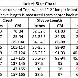 May include: A size chart for men's tall jackets and tops, showing measurements in inches and centimeters for chest, sleeve length, and waist. The chart indicates that tall sizes are 1 to 2 inches longer in both sleeves and body length. Sleeve length is measured from the center back of the neck.