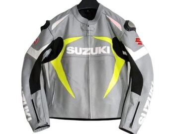 Suzuki Motorcycle Leather Racing Jacket: CE Approved Armored Biker Jacket