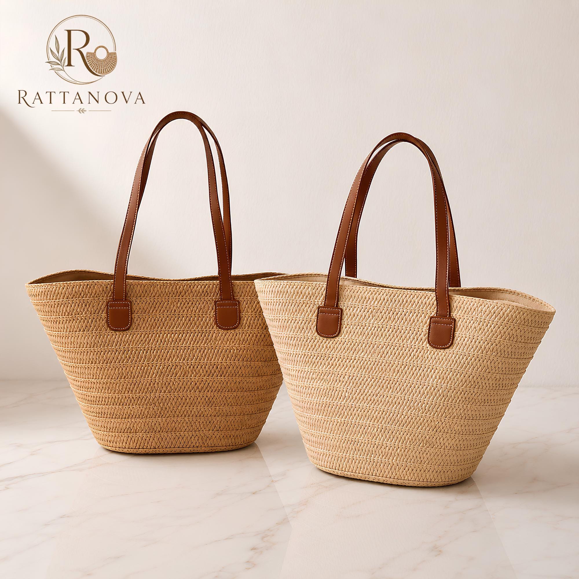 Handwoven Straw Tote Bag, Leather Handles, Boho Beach Market Basket, Summer Shoulder Purse