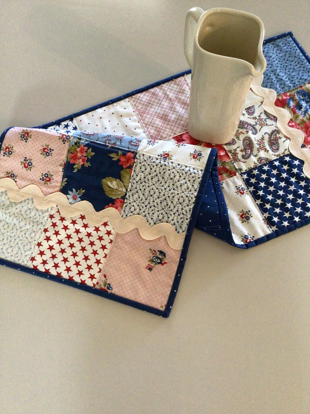 Red Ric Rac Table Runner Quilted Patriotic Table Runner 14x32 Red White Blue Ric Rac Trim Table ...
