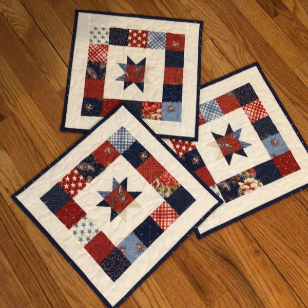 Patchwork star quilt 13x13 scrappy quilt mini quilt square quilted table topper patriotic quilt handmade ready to ship