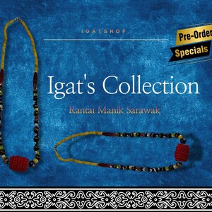 Peut inclure: Un ensemble collier et bracelet avec des perles jaunes et noires, des accents rouges et une perle centrale rouge. L'image comprend le texte "Igat's Collection" et "Pre-Order Specials" sur fond bleu.